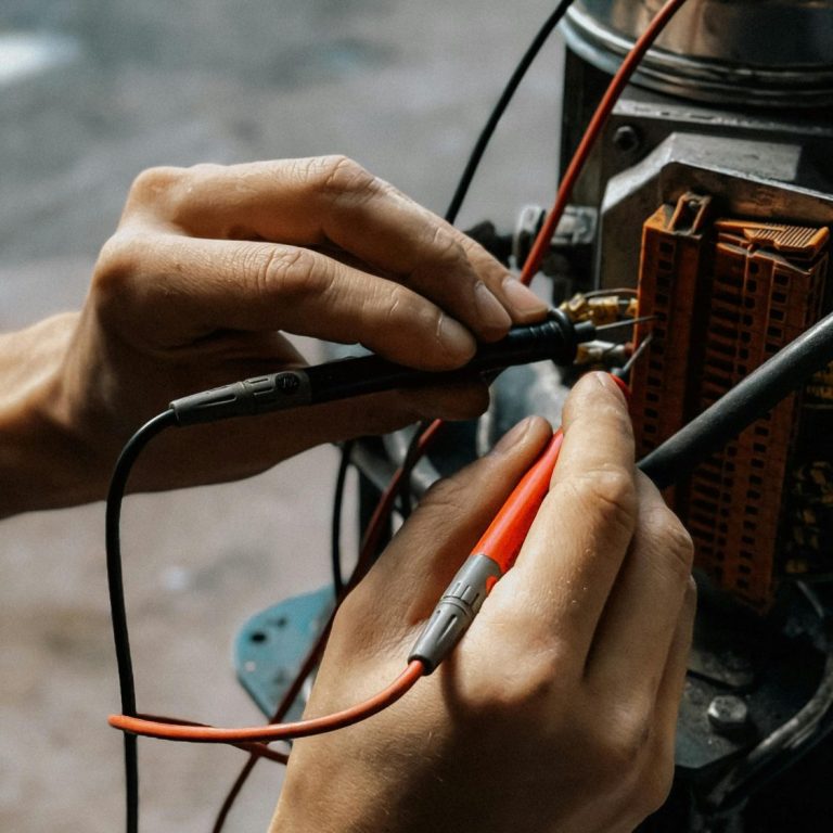 Inbetriebnahme, Fehlersuche und Retrofit Hände, die mit einem Multimeter an elektrischen Verbindungen arbeiten.